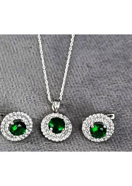 Lilahgümüştr Gümüş Yeşil Taşlı Yuvarlak Kadın Kolye Küpe