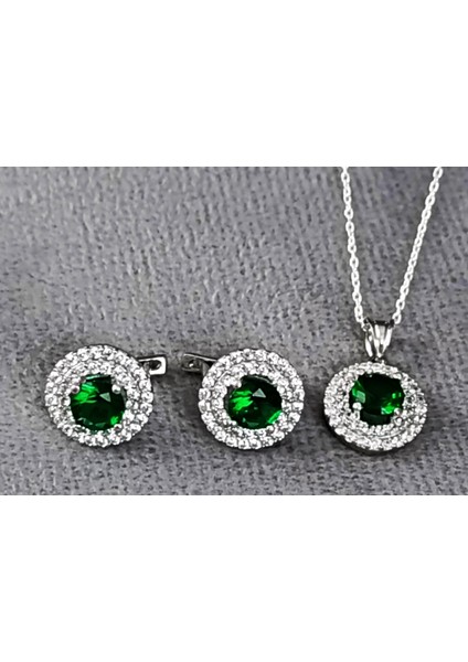 Lilahgümüştr Gümüş Yeşil Taşlı Yuvarlak Kadın Kolye Küpe fiyatları