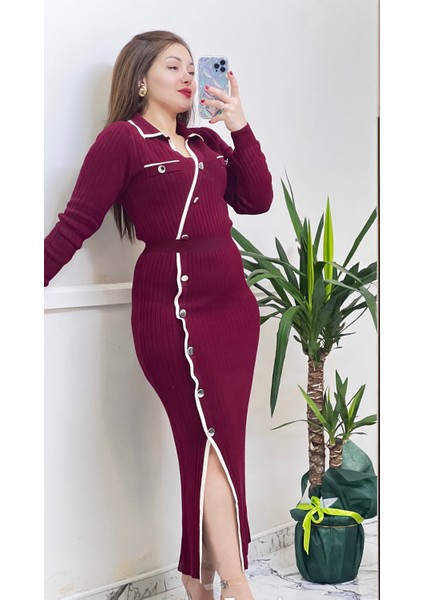 Triko Kadın Yırtmaçlı Polo Yaka Bordo Trend Elbise