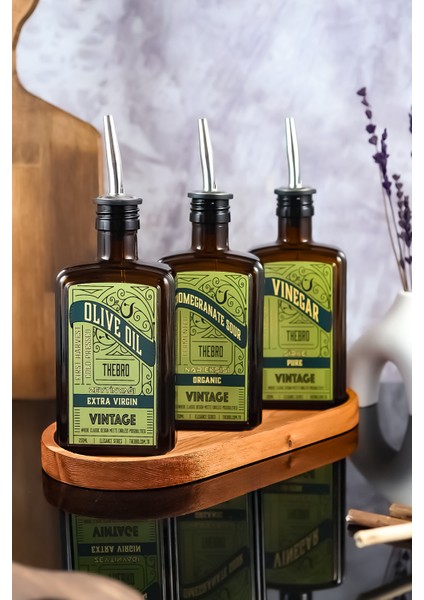 250 Ml Ahşap Stantlı Amber Vintage Elegance Serisi Zeytinyağı Şişesi,Sirke Şişesi, Nar Ekşisi Şişesi
