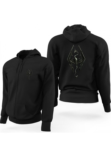 Skyrim Logo Siyah Fermuarlı Limited Edition Kapşonlu Sweatshirt