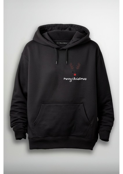 Merry Christmass Geyik Silüeti Yılbaşı Baskılı Unisex Hoodie