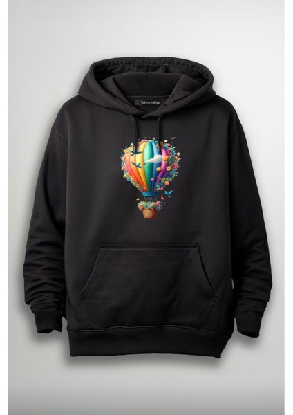 Çiçekli Çok Renkli Uçan Hava Balonu Baskılı Unisex Hoodie