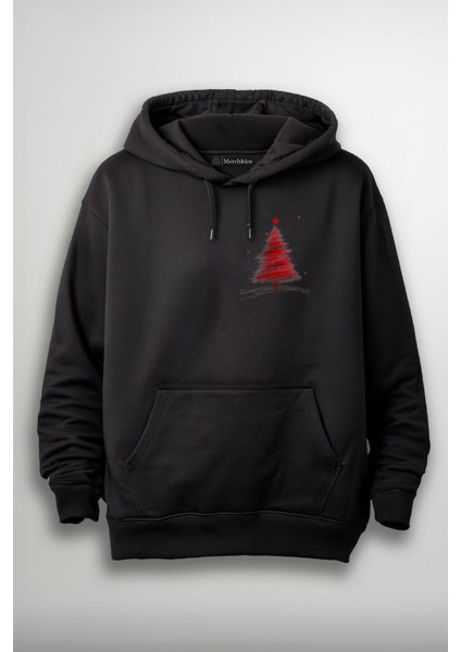 Kırmızı Noel Ağacı Çizimi Baskılı Unisex Hoodie