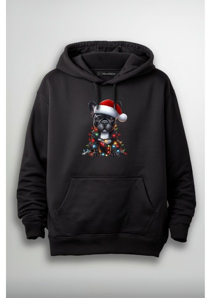 Işıklı Şapkalı Siyah Noel Köpeği Baskılı Unisex Hoodie