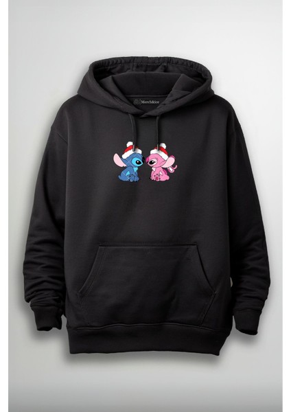 Stitch Sevgili Noel Şapkalı Yılbaşı Baskılı Unisex Hoodie