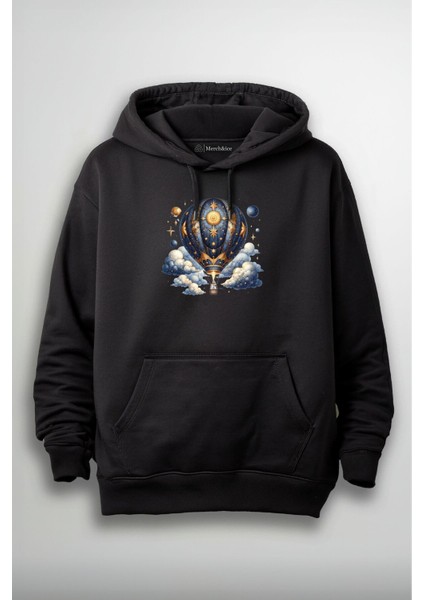 Mavi Uçan Sıcak Hava Balonu ve Bulutlar Baskılı Unisex Hoodie