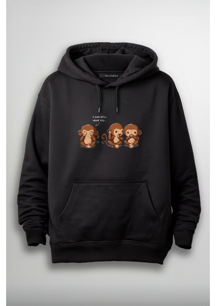 Üç Maymun Tasarım Önü Baskılı Unisex Hoodie - Görmedim, Duymadım, Bilmiyorum..