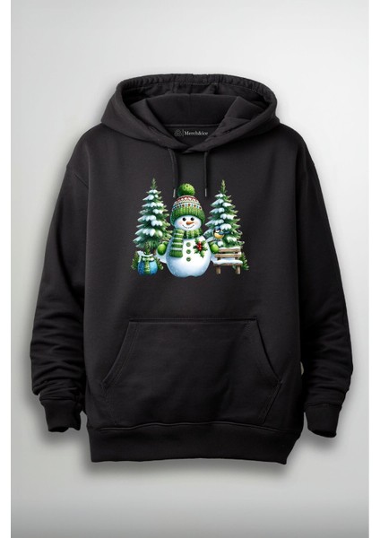 Yeşil Atkılı Bereli Kardan Adam Baskılı Unisex Hoodie