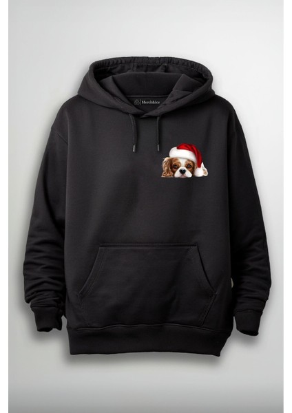 Yılbaşı Şapkalı Köpek Baskılı Unisex Hoodie