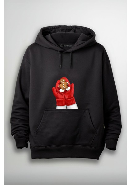 Kırmızı Noel Eldivenleri ve Zencefilli Kurabiye Adam Baskılı Unisex Hoodie