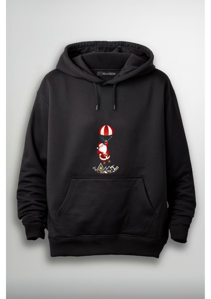 Paraşütlü Noel Baba Yılbaşı Baskılı Unisex Hoodie