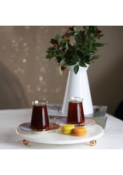 Mermer Beyaz 30 cm Rose Gold Boncuk Ayaklı Yuvarlak Sunumluk