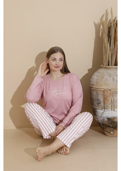 Kadın Büyük Beden Milan Kumaş Baskılı Desenli Uzun Kollu Bambu Pijama Takımı