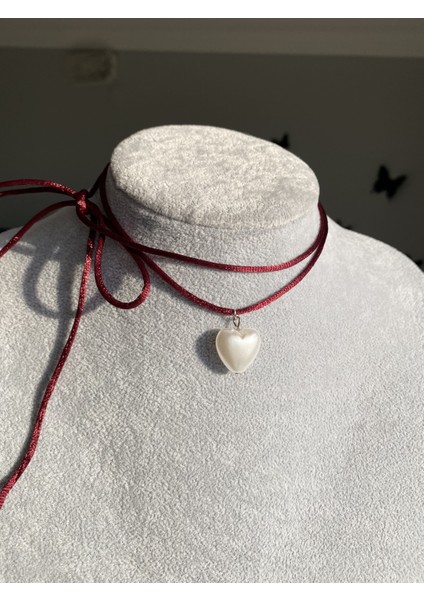 Ipli Büyük Incili Kalp Choker Kolye