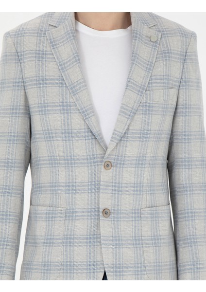 Erkek Açık Mavi Slim Fit Keten Karışımlı Ekose Ceket 50284961-VR003