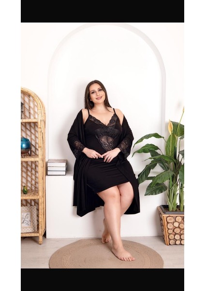 Kadın Büyük Beden Likralı Penye 2 Parça Sabahlıklı Gecelik Takım