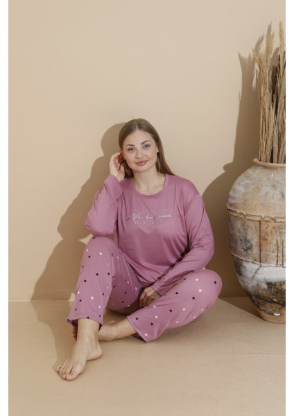 Kadın Büyük Beden Milan Kumaş Baskılı Desenli Uzun Kollu Bambu Pijama Takımı