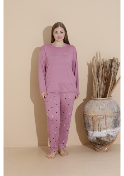 Kadın Büyük Beden Milan Kumaş Baskılı Desenli Uzun Kollu Bambu Pijama Takımı modelleri