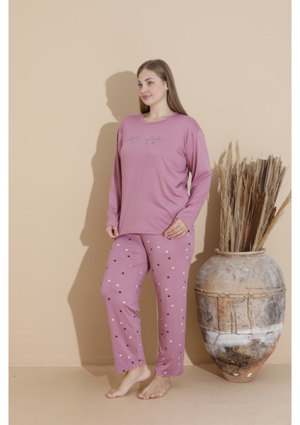 Kadın Büyük Beden Milan Kumaş Baskılı Desenli Uzun Kollu Bambu Pijama Takımı fırsatları