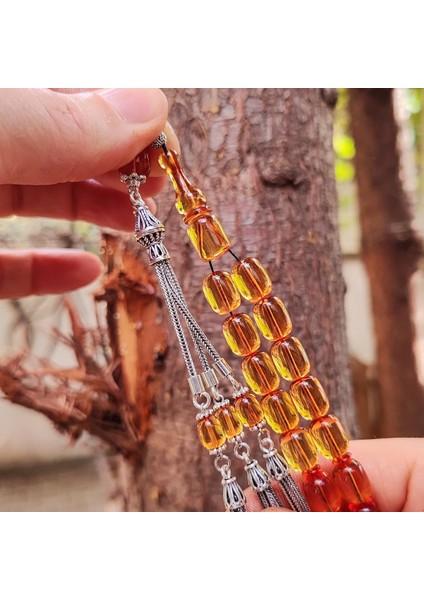 8X11 mm Gümüş Püsküllü Altın Rengi Zar Kehribar Tesbih - Serkan Başkan Usta Işçilikli fiyatları
