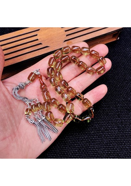 8X11 mm Gümüş Püsküllü Su Yeşili Zar Kehribar Tesbih - Serkan Başkan Usta Işçilikli