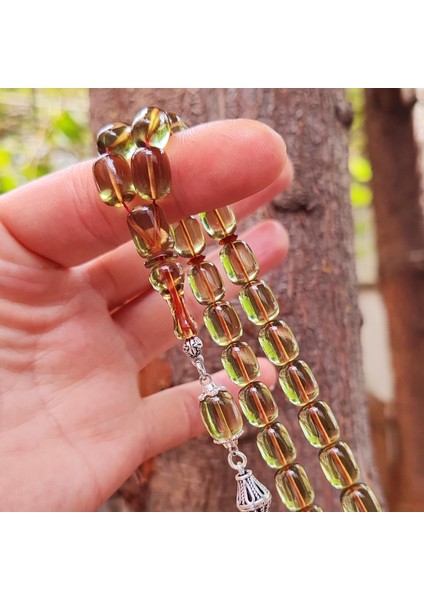 8X11 mm Gümüş Püsküllü Su Yeşili Zar Kehribar Tesbih - Serkan Başkan Usta Işçilikli