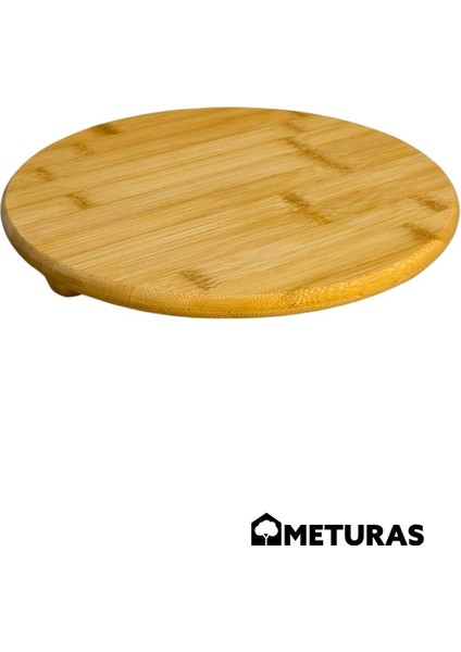 Yuvarlak Bambu Sunum Tahtası - 26 Cm Çap, Misket Ayaklı, Dekoratif Ve Çok Amaçlı