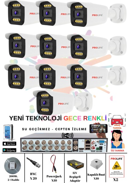 10 Kameralı Gece Renkli White Warm Ledli Yüz ve Araç Algılamalı 5 Mp Kuruluma Hazır Güvenlik Kamerası