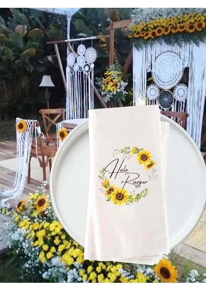 Nişan Düğün Ayçiçeği Baskılı Kişiye Özel Baskılı Peçete 20ADET