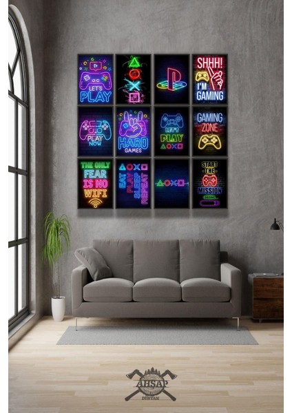 12 Parça Neon Playstion Gamer Çerçeve Görünümlü Mdf Tablo Duvar Süsü Hediyelik Eşya Yeni