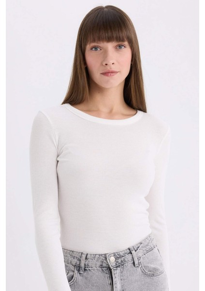Slim Fit Dar Kesim Bisiklet Yaka Basic Düz Fitilli Kaşkorse Uzun Kollu Tişört E5767AX25SP