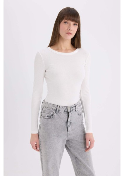 Slim Fit Dar Kesim Bisiklet Yaka Basic Düz Fitilli Kaşkorse Uzun Kollu Tişört E5767AX25SP