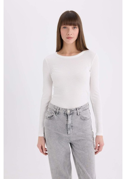 Slim Fit Dar Kesim Bisiklet Yaka Basic Düz Fitilli Kaşkorse Uzun Kollu Tişört E5767AX25SP
