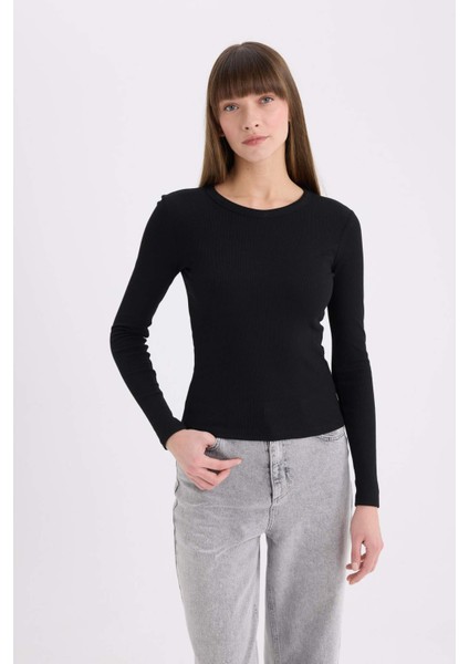 Slim Fit Dar Kesim Bisiklet Yaka Basic Düz Fitilli Kaşkorse Uzun Kollu Tişört E5767AX25SP
