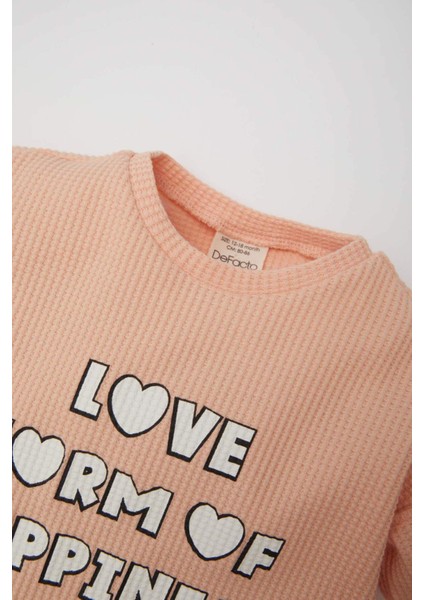 Kız Bebek 2'li Takım Waffle Bisiklet Yaka Baskılı Sweatshirt Beli Lastikli Geniş Bol Paça Eşofman Altı E0202A525SP modelleri