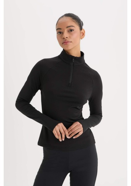 Fit Standart Fit Dik Yaka Fermuarlı İçi Yumuşak Tüylü Sporcu Uzun Kollu Tişört