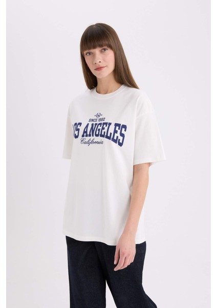 Oversize Geniş Kalıp Bisiklet Yaka Baskılı Kısa Kollu Tişört E5055AX25SP modelleri