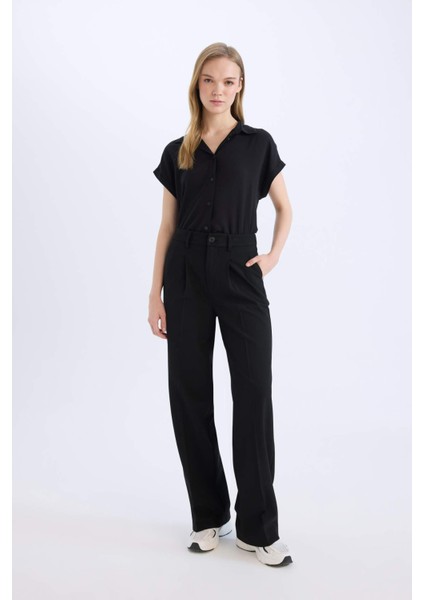 Wide Leg Klasik Kumaş Pantolon Basic Düz Geniş Bol Paça Çift Cepli Yüksek Bel Standart Boy D4360AX25SP