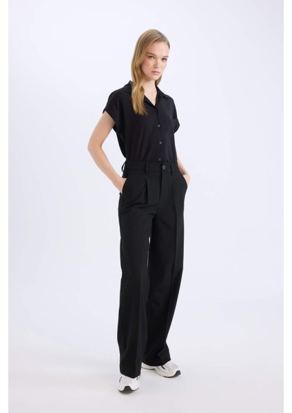 Wide Leg Klasik Kumaş Pantolon Basic Düz Geniş Bol Paça Çift Cepli Yüksek Bel Standart Boy D4360AX25SP
