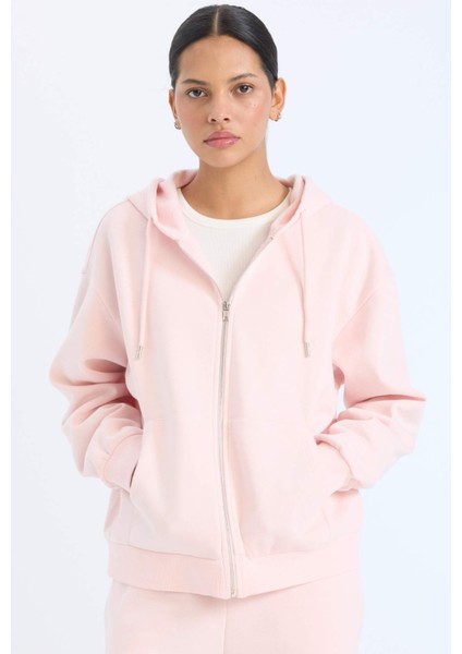 Relax Fit Kapüşonlu Cepli Basic Düz Fermuarlı Sweatshirt C1809AX25SP