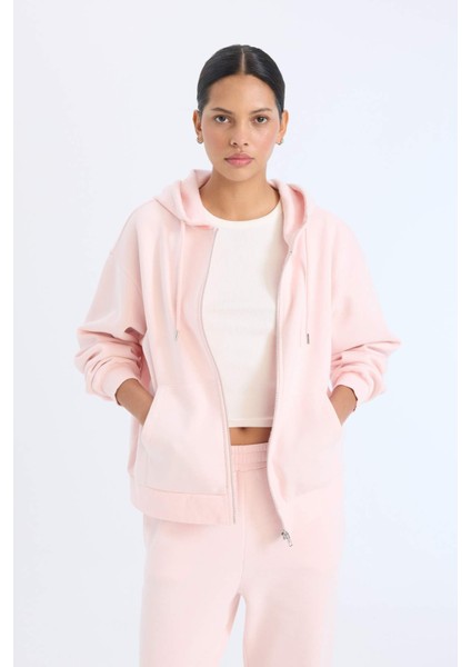 Relax Fit Kapüşonlu Cepli Basic Düz Fermuarlı Sweatshirt C1809AX25SP