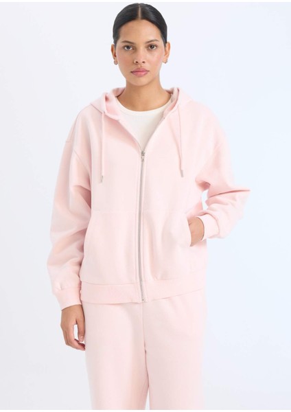 Relax Fit Kapüşonlu Cepli Basic Düz Fermuarlı Sweatshirt C1809AX25SP