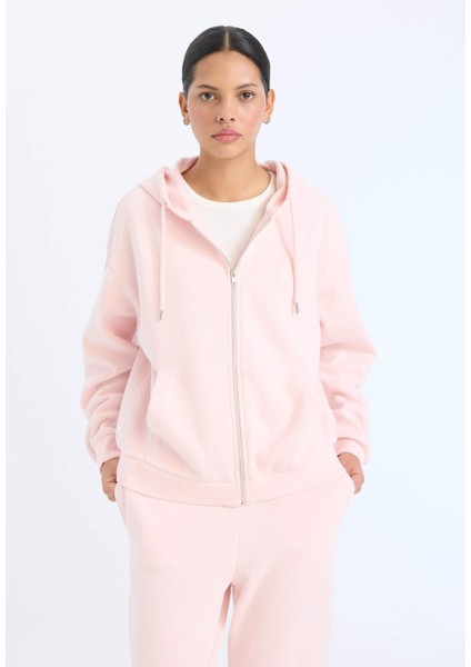 Relax Fit Kapüşonlu Cepli Basic Düz Fermuarlı Sweatshirt C1809AX25SP