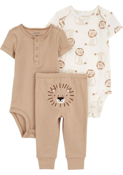 Erkek Bebek Body Pantolon Set 3'lü Paket Kahverengi