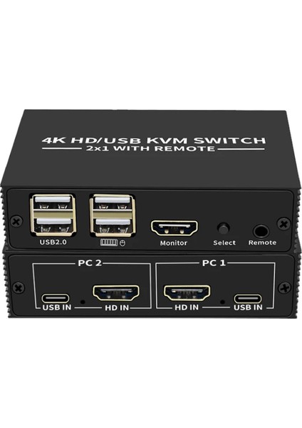 HDMI Kvm Switch 2 Port USB Type C 2 Pc Tek Kasa Klavye Mouse Kontrol Çoklayıcı