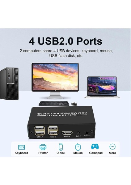 HDMI Kvm Switch 2 Port USB Type C 2 Pc Tek Kasa Klavye Mouse Kontrol Çoklayıcı