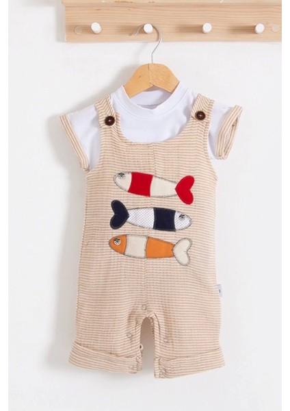 Balık Nakışlı Kısa Kollu Erkek Bebek Tulumu