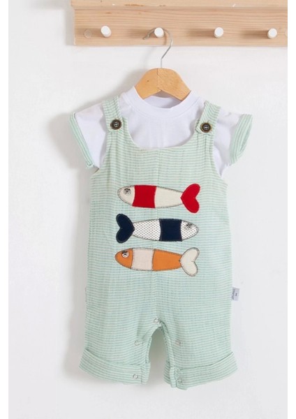 Balık Nakışlı Kısa Kollu Erkek Bebek Tulumu
