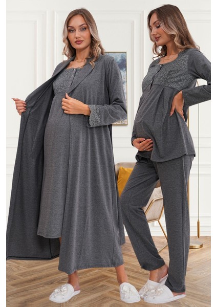 6172 Füme Uzun Sabahlıklı Gecelik Pijama Lohusa Set
